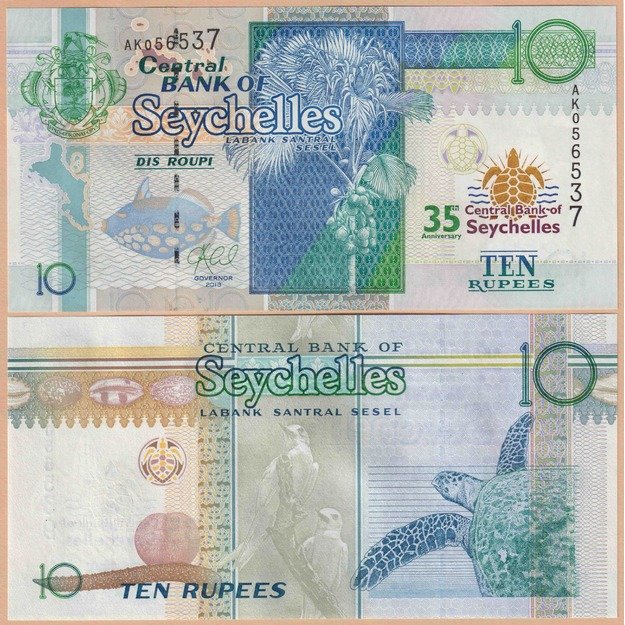 Seišeliai 10 rupijų 2013 p#46 35-osios  Seišelių centrinio banko metinės UNC