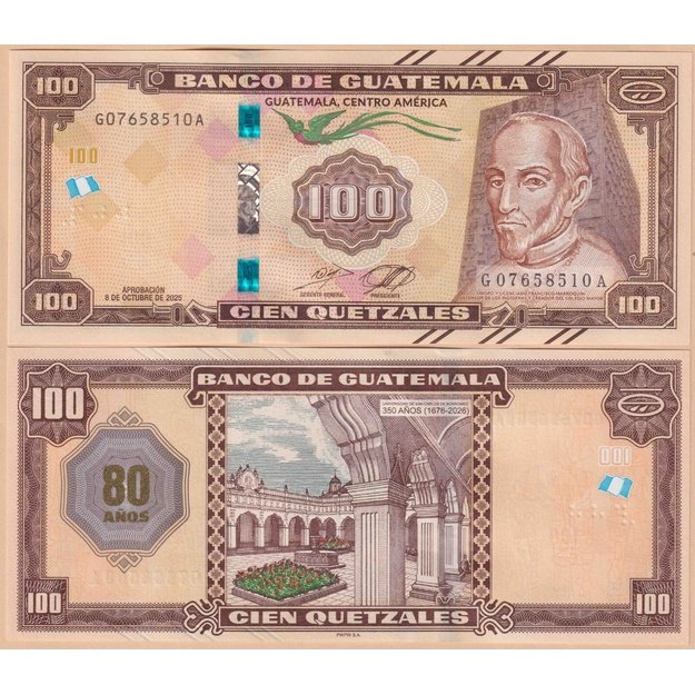 Gvatemala 100 ketsalių 2025 p#W130 Gvatemalos banko 80-osios metinės UNC