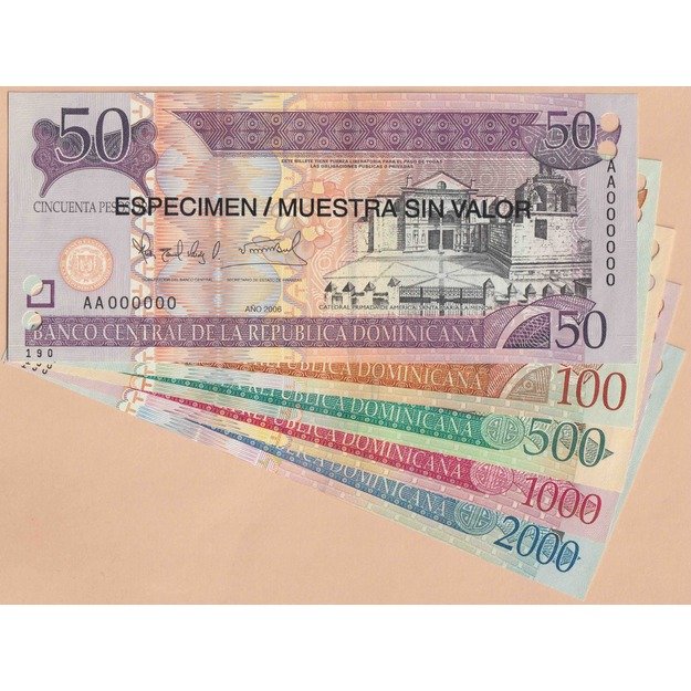 Dominikos Respublika 5 banknotų 2006 SPECIMEN rinkinys p#176a-p#181a UNC