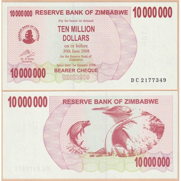 Zimbabvė 10000000 dolerių 2008 p#55b UNC
