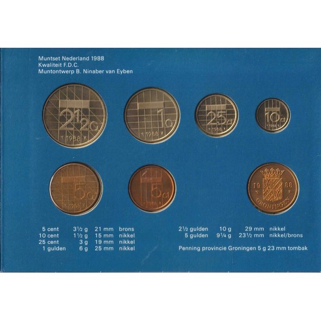 Nyderlandai 6 monetų 1988 rinkinys km#202-210 UNC