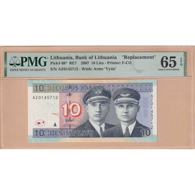 Lietuva 10 litų 2007 p#68r Replacement  PMG65