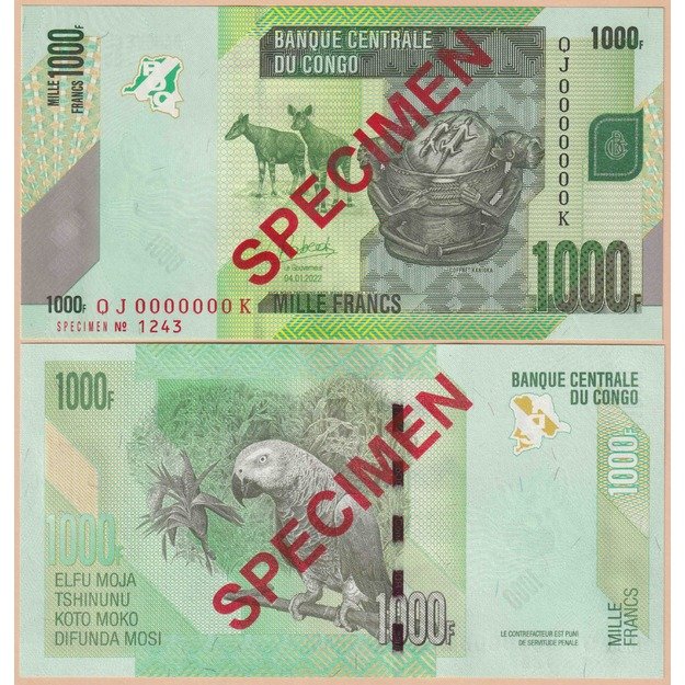 Kongo demokratinė respublika 1000 frankų 2022 p#101s SPECIEMEN UNC