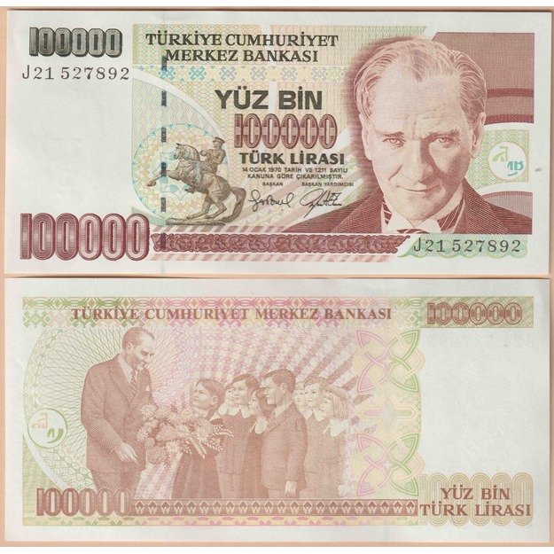 Turkija 100000 lirų 1970 p#206(1) UNC