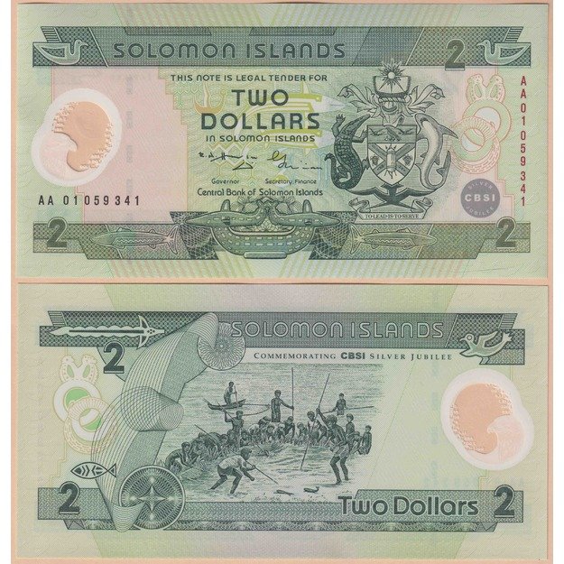 Saliamono Salos 2 doleriai 2001 p#23 centrinio banko 25-osios metinės UNC
