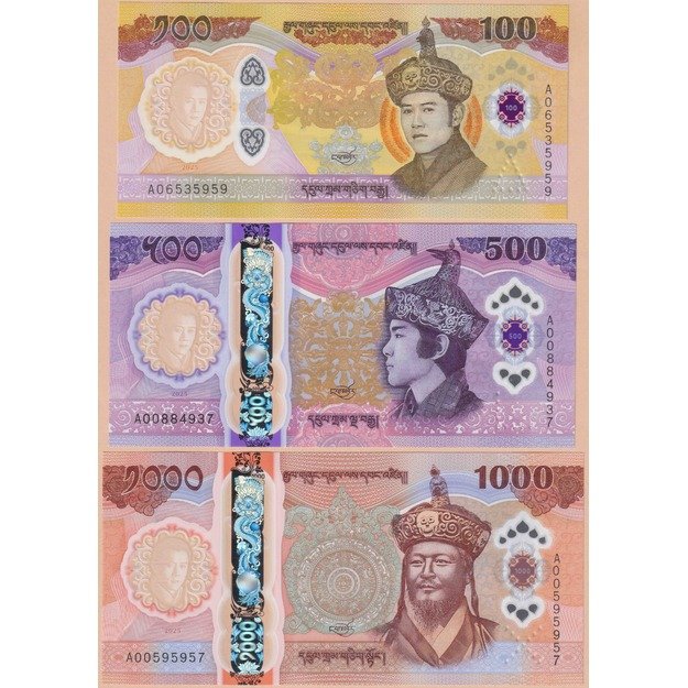 Butanas 3 banknotų 2025 rinkinys p#W43-45 karaliaus Jigme Singye Wangchuk 70-osios gimimo metinės UNC