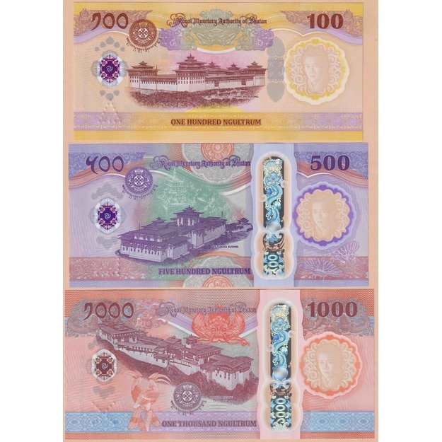 Butanas 3 banknotų 2025 rinkinys p#W43-45 karaliaus Jigme Singye Wangchuk 70-osios gimimo metinės UNC 1