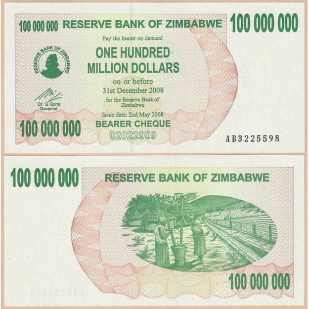 Zimbabvė 100000000 dolerių 2008 p#58 UNC