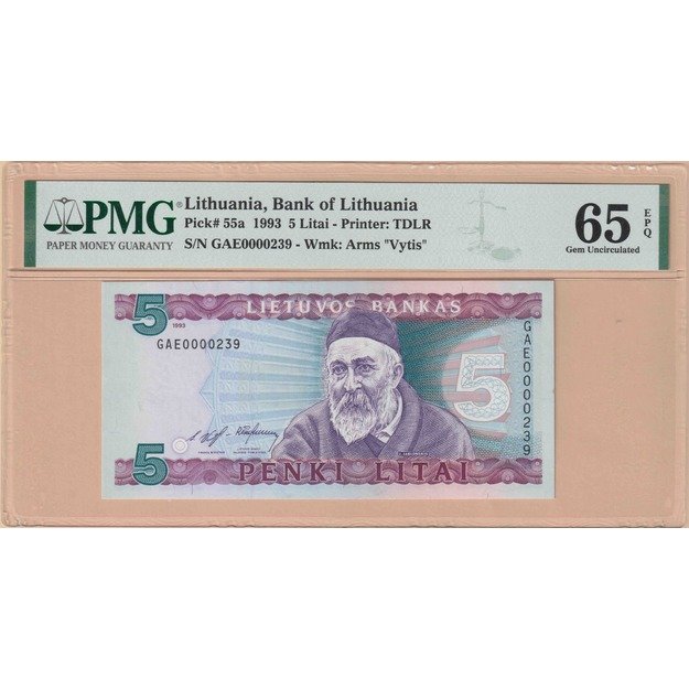 Lietuva 5 litai 1993 p#55 PMG65 žemas numeris