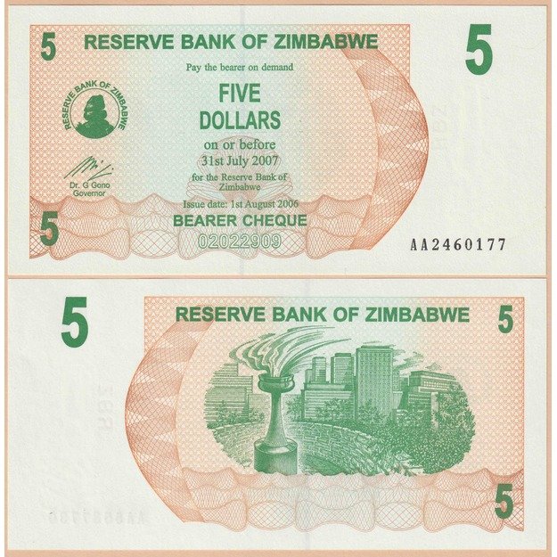 Zimbabvė 5 doleriai 2006 p#38 UNC