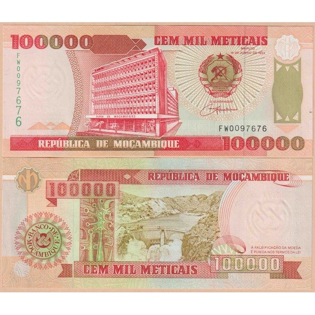 Mozambikas 100000 metikalių 1993 p#139r Replacement UNC