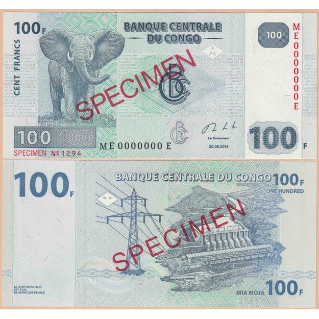 Kongo demokratinė respublika 100 frankų 2013 p#98As SPECIMEN UNC