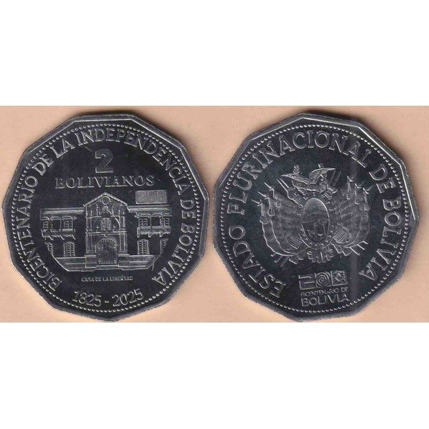 Bolivija 2 bolivianai 2025 km#225 Bolivijos nepriklausomybės dviejų šimtų metų jubiliejus UNC