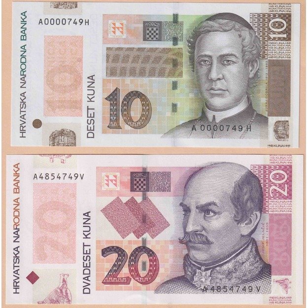 Croatia 2 banknotes 2004-2014 set p#43-44 10th and 20th anniversary of national bank UNC