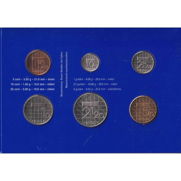 Nyderlandai 6 monetų 2000 rinkinys km#202-210 UNC