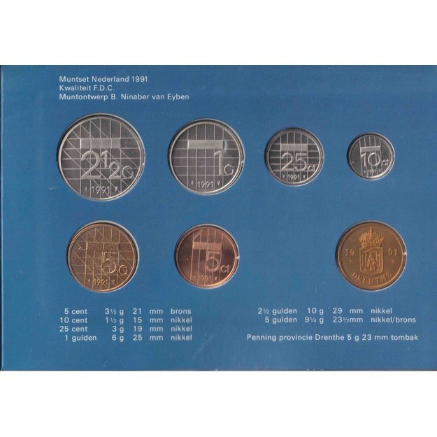 Nyderlandai 6 monetų 1991 rinkinys km#202-210 UNC