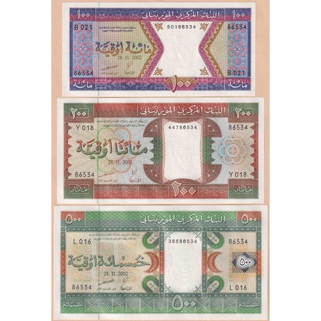 Mauritanija 3 banknotų 2002 rinkinys p#4,5,8 UNC