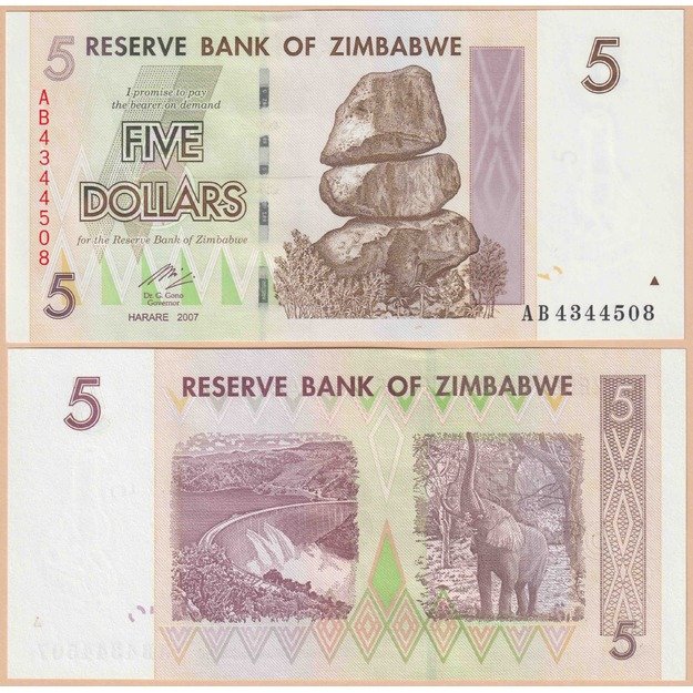 Zimbabvė 5 doleriai 2007 p#66 UNC