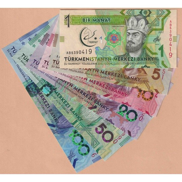 Turkmėnija 6 banknotų 2017 rinkinys p#36-p#41 5-osios Azijos uždarų patalpų ir kovos menų žaidynės UNC