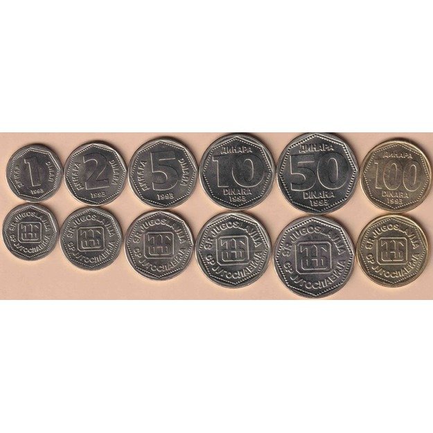 Jugoslaavija, 6 monetų rinkinys  1-100 dinarų 1993 km#154-159 UNC