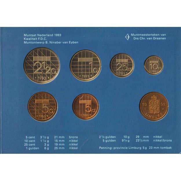 Nyderlandai 6 monetų 1993 rinkinys km#202-210 UNC