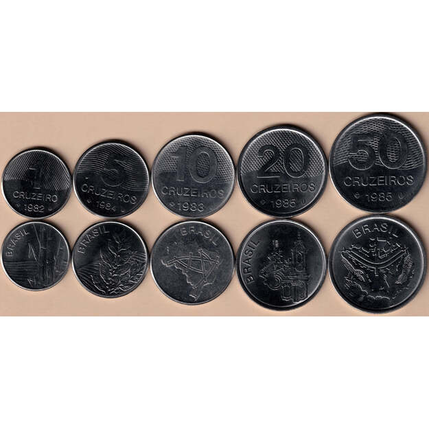 Brazilija 5 monetų rinkinys 1 - 50 cruzeiros 1982-1985 UNC