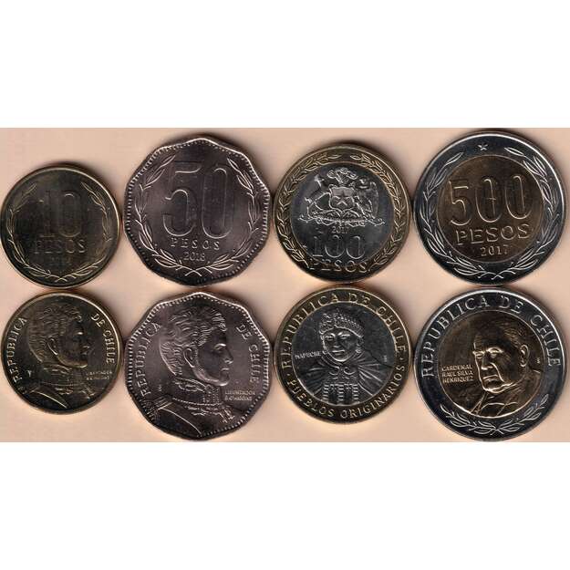 Čilė 4 monetų rinkinys 10 - 500 pesos 2014-2018 UNC