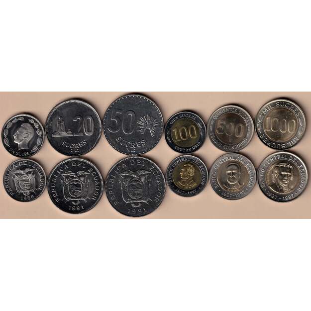 Ekvadoras 6 monetų rinkinys 1 - 1000 sucres 1988-1997 UNC