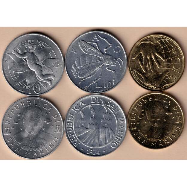 San Marinas 3 monetų rinkinys 10 - 20 lire 1974-2000 UNC