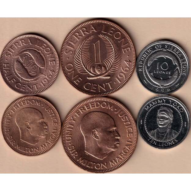 Siera Leonė 3 monetų rinkinys 1/2 cent - 10 leones 1964-1996 UNC