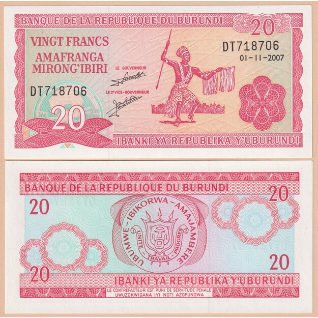 Burundis 20 frankų 2007 p#27d UNC