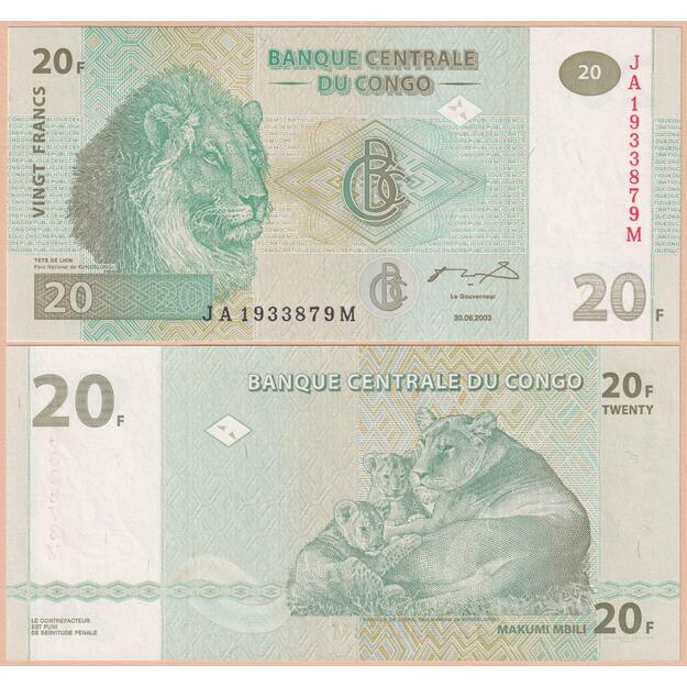 Kongo demokratinė respublika 20 frankų 2003 p#94A UNC