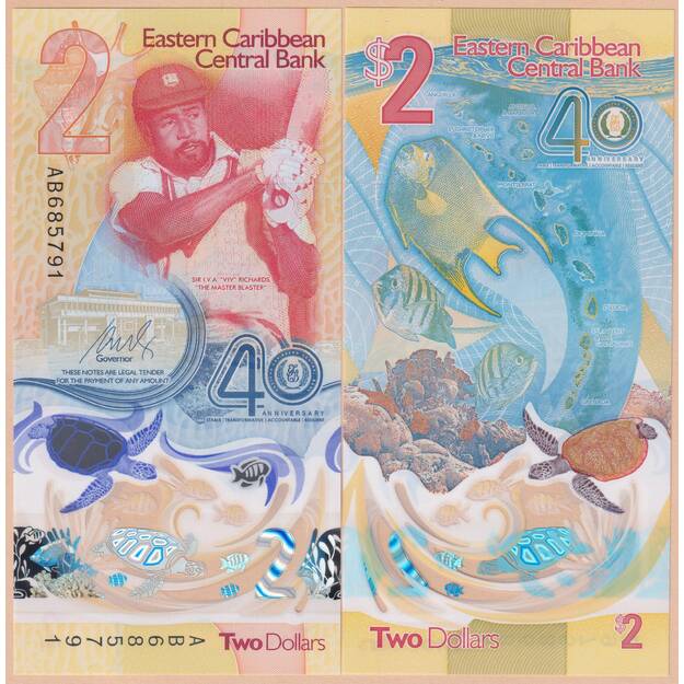 Rytų Karibų Valstybės 2 doleriai 2023 p#W61 40 metų centriniam bankui UNC