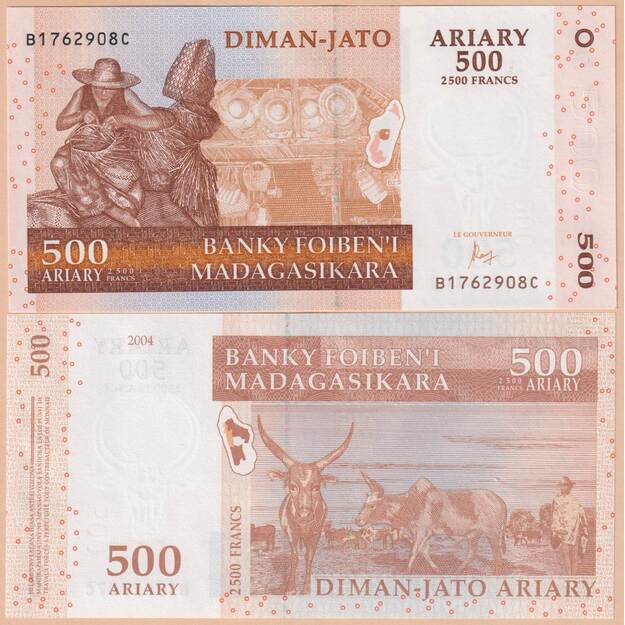 Madagaskaras 500 ariarių (2500 frankų) 2004 p#88c UNC