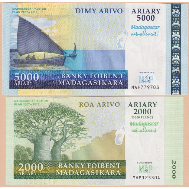 Madagaskaras 2 banknotų 20072008 rinkinys p#93-94 veiksmų planas (100 vnt.) UNC
