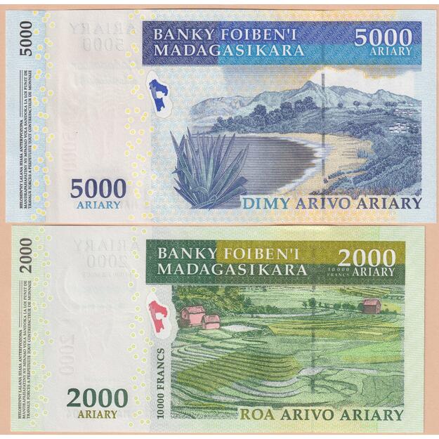 Madagaskaras 2 banknotų 20072008 rinkinys p#93-94 veiksmų planas (100 vnt.) UNC