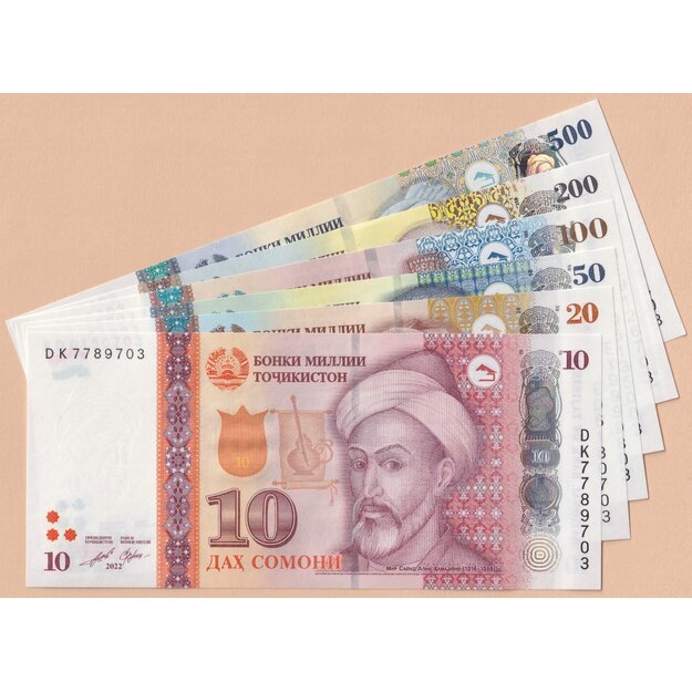 Tadžikistanas 6 banknotų 2022 rinkinys p#21-p#W28 UNC