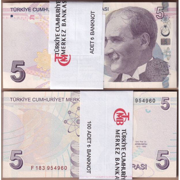 Turkija 5 liros 2022 p#222f (100 vnt.) UNC
