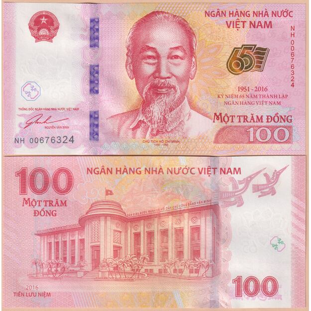 Vietnamas 100 dongų 2016 p#125 65-osios nacionalinio banko metinės UNC