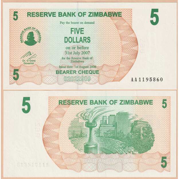 Zimbabvė 5 doleriai 2006 p#38 UNC
